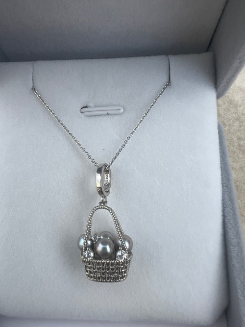 Saltwater Pearl Basket Design Pendant Necklace - 4-5mm