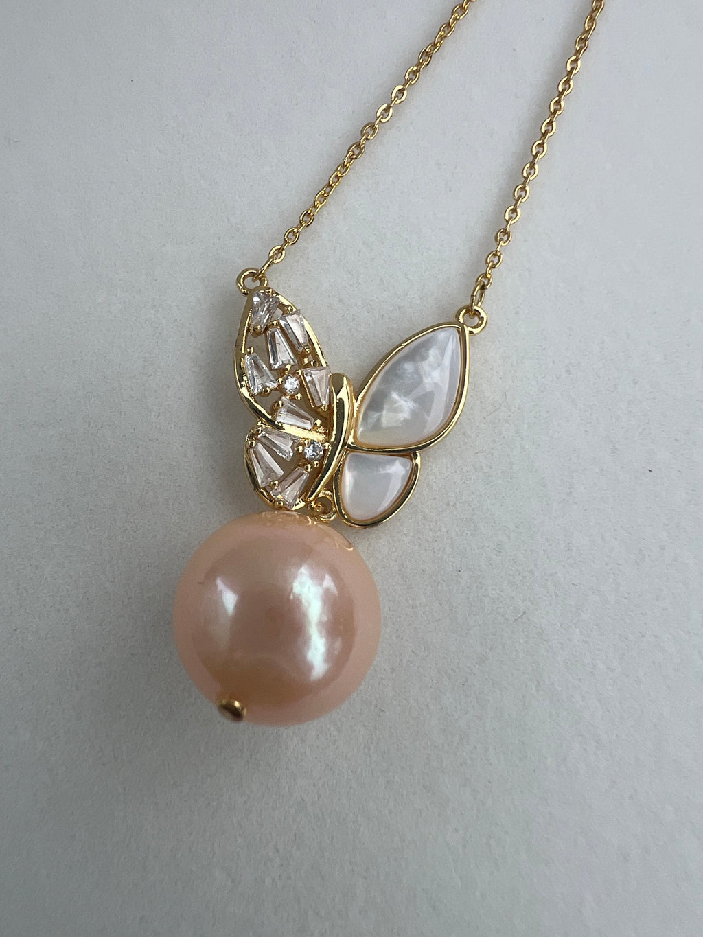 Golden Freshwater Pearl Butterfly Necklace - 13-14mm