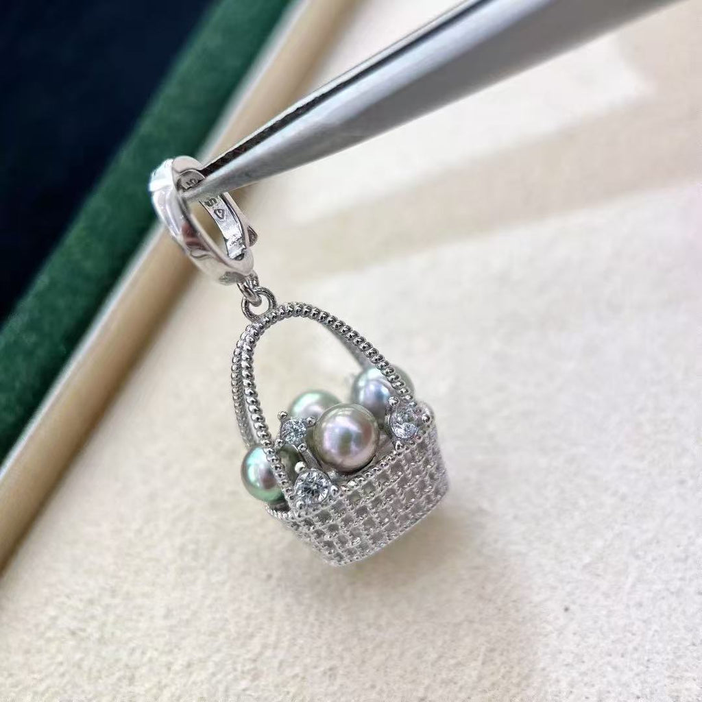 Saltwater Pearl Basket Design Pendant Necklace - 4-5mm