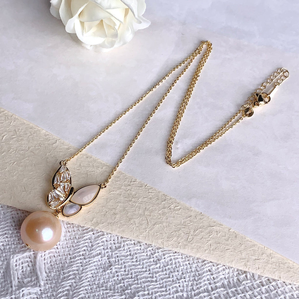 Golden Freshwater Pearl Butterfly Necklace - 13-14mm