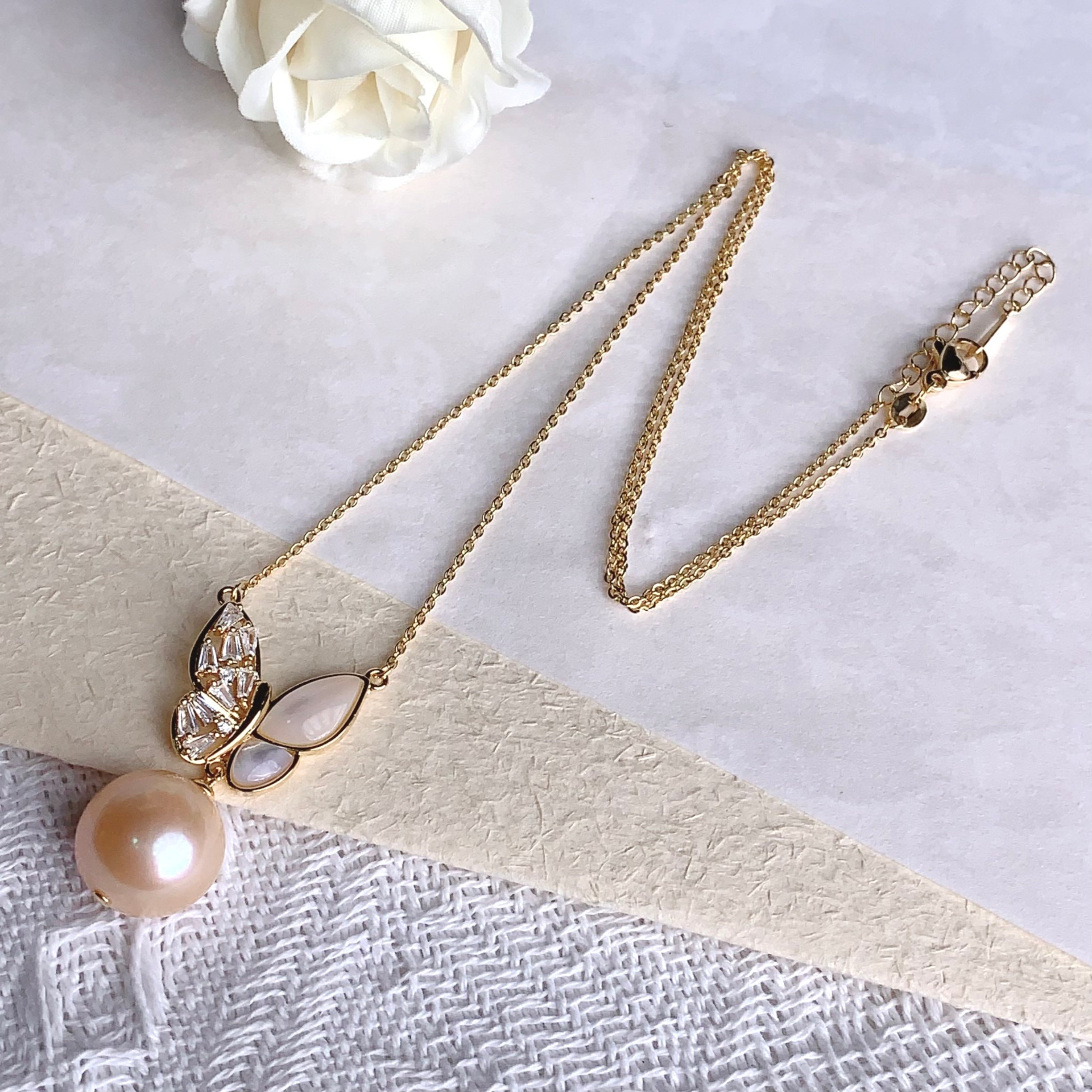 Golden Freshwater Pearl Butterfly Necklace - 13-14mm