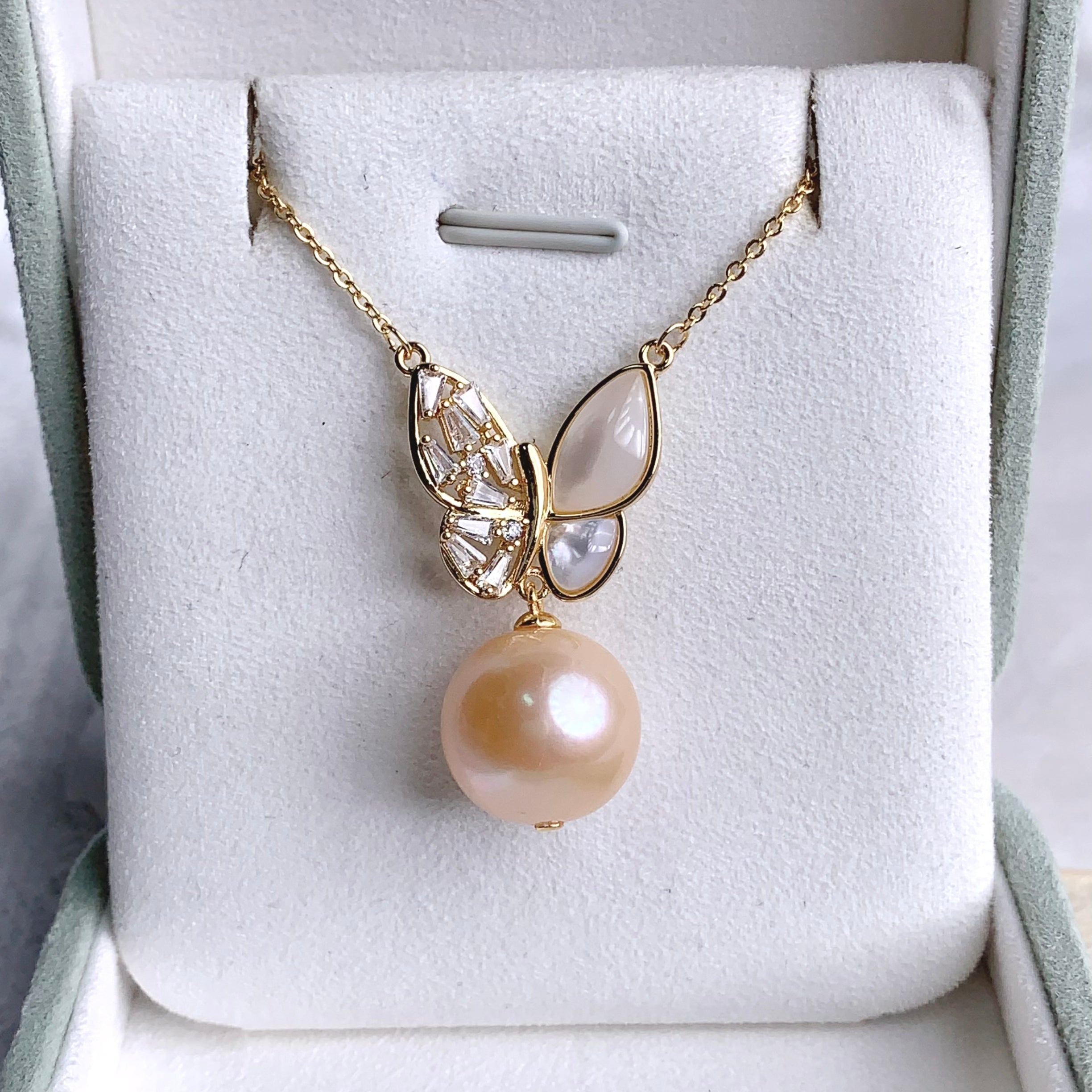 Golden Freshwater Pearl Butterfly Necklace - 13-14mm